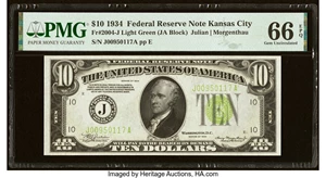 image for: Fr. 2004-J $10 1934 Light Green Seal Federal Reserve Note. PMG Gem Uncirculated 66 EPQ....