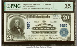 image for: Valparaiso, IN - $20 1902 Plain Back Fr. 660 The Valparaiso National Bank Ch. # 6215 PMG Choice Very Fine 35....