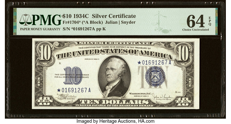 image for: Fr. 1704* $10 1934C Silver Certificate Star. PMG Choice Uncirculated 64 EPQ....