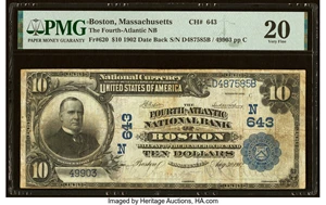 image for: Boston, MA - $10 1902 Date Back Fr. 620 The Fourth-Atlantic National Bank Ch. # (N)643 PMG Very Fine 20....