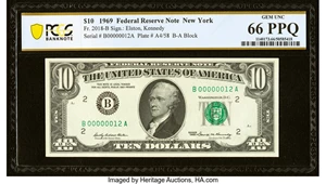 image for: Low Serial Number 12 Fr. 2018-B $10 1969 Federal Reserve Note. PCGS Banknote Gem Unc 66 PPQ....