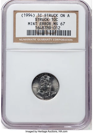 image for: (1994) 1C Lincoln Cent -- Struck on a Struck 10C -- MS67 NGC....