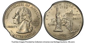 image for: 2001-P 25C New York Quarter -- 2% Curved Clip -- MS62 PCGS. PCGS Population: (9/2962 and 0/2+)....