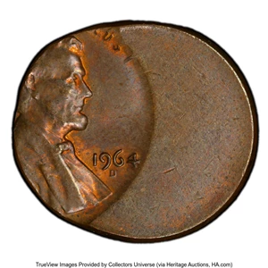 image for: 1964-D 1C Lincoln Cent -- Struck 50% Off-Center -- MS63 Brown PCGS. PCGS Population: (3/9 and 0/0+). Mintage 3,799,071,500...