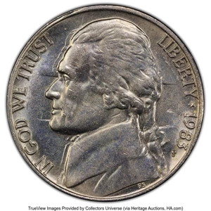 image for: 1983-P 5C Jefferson Nickel -- Clashed & Counter Clashed Dies -- MS63 PCGS. PCGS Population: (23/253 and 0/2+). Mintage 561...