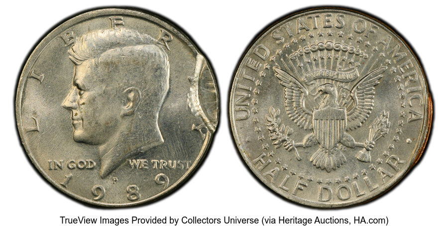 image for: 1989-P 50C Kennedy Half Dollar -- 4% Brockage & Partial Collar -- MS62 PCGS. PCGS Population: (7/598 and 0/8+)....