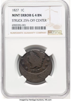 image for: 1827 1C Matron Head Cent, N-1, R.2 -- Struck 25% Off Center -- Good 4 NGC....