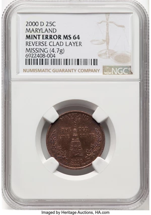 image for: 2000-D 25C Maryland Quarter -- Reverse Clad Layer Missing -- MS64 NGC. (4.7g). NGC Census: (7/612)....