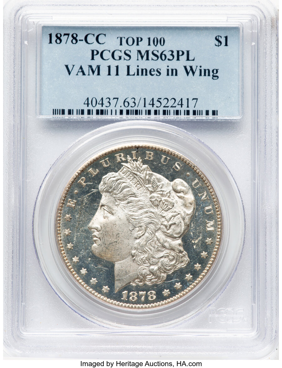image for: 1878-CC $1 Lines in Wing, VAM-11, Top 100, MS63 Prooflike PCGS. PCGS Population: (17/17).  ...