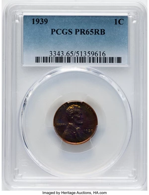 image for: 1939 1C PR65 Red and Brown PCGS. PCGS Population: (56/15). Mintage 13,520. ...