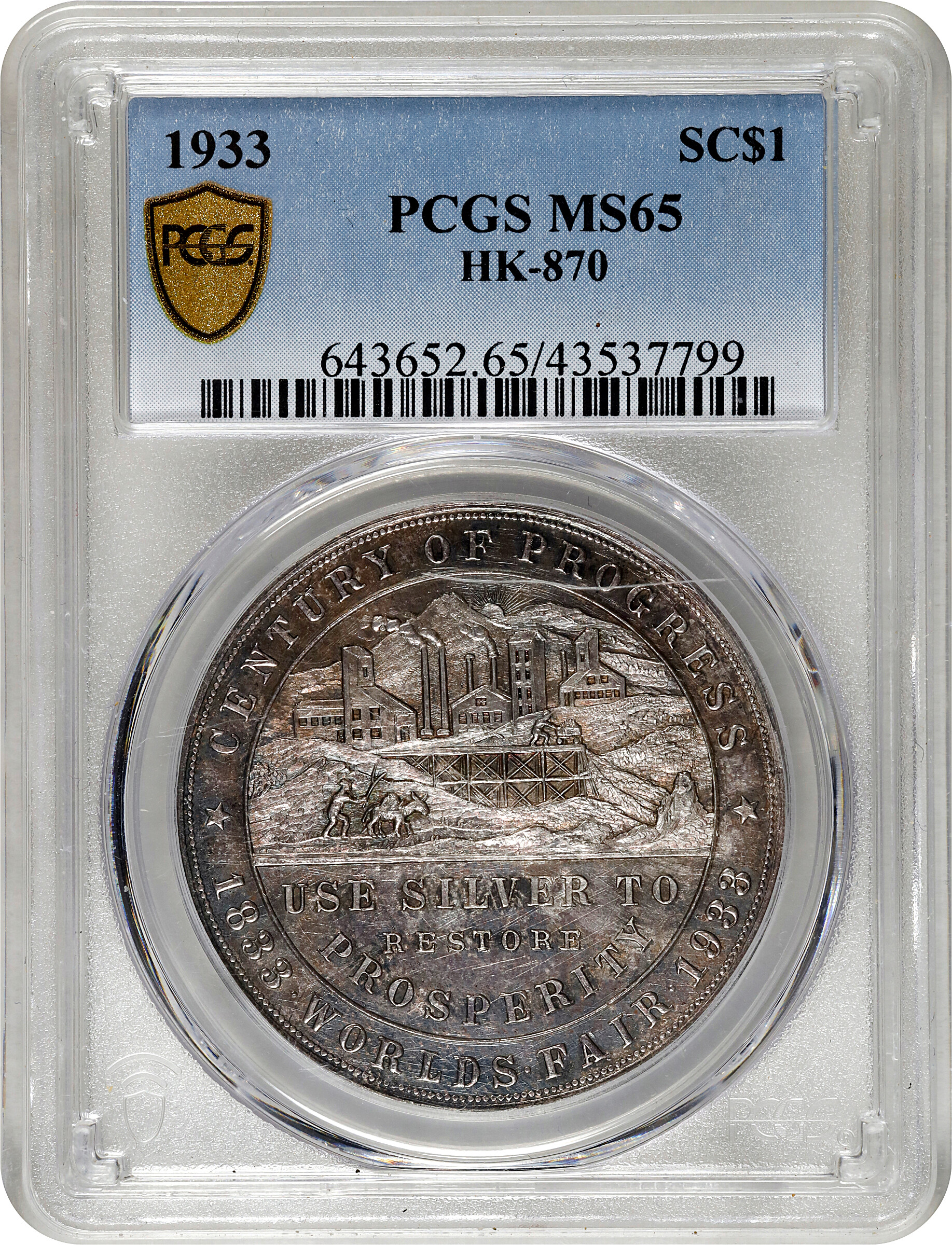 image for: 1933 Colorado's "Century of Progress" Dollar. Type IV. HK-870. Rarity-3. Silver. MS-65 (PCGS).