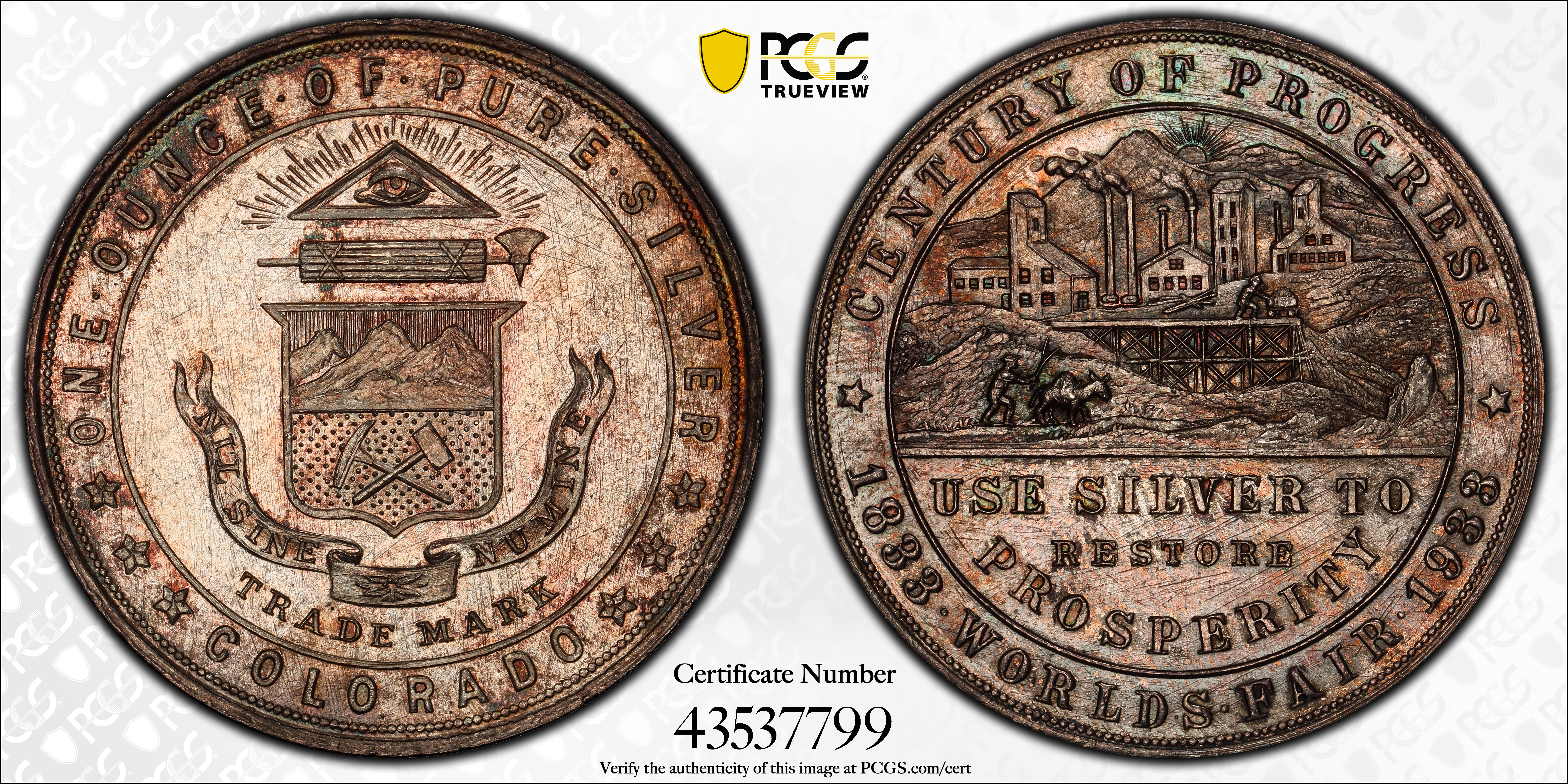 image for: 1933 Colorado's "Century of Progress" Dollar. Type IV. HK-870. Rarity-3. Silver. MS-65 (PCGS).
