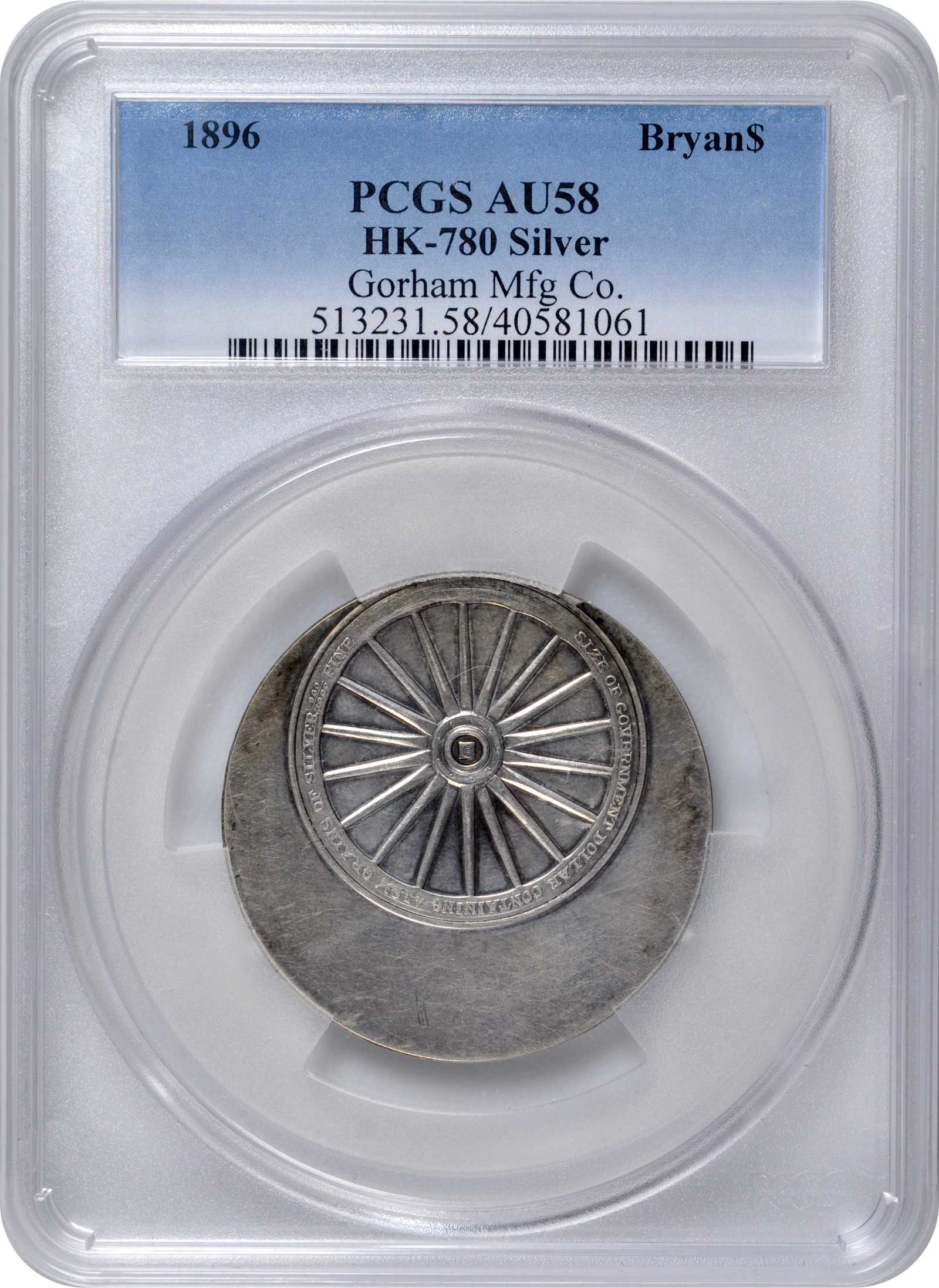 image for: 1896 Bryan Dollar. HK-780, Schornstein-6. Rarity-5. Silver. AU-58 (PCGS).