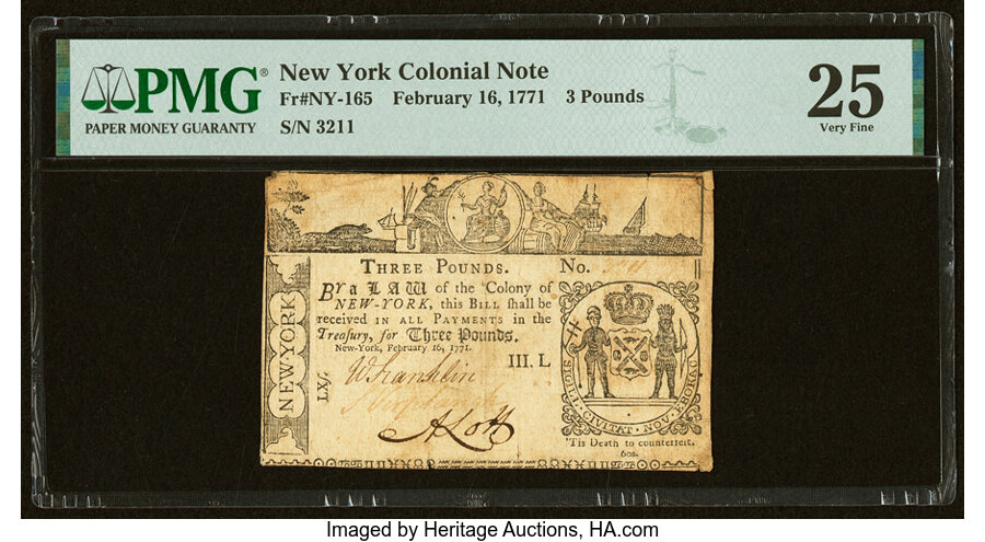 image for: New York February 16, 1771 £3 PMG Very Fine 25....