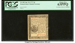 image for: Pennsylvania April 10, 1777 3d PCGS Choice New 63PPQ....