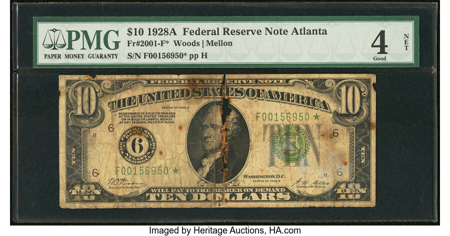 image for: Fr. 2001-F* $10 1928A Federal Reserve Star Note. PMG Good 4 Net....
