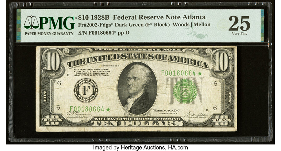 image for: Fr. 2002-F* $10 1928B Federal Reserve Star Note. PMG Very Fine 25....