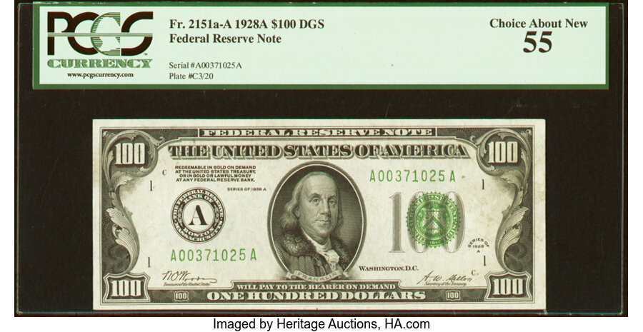 image for: Fr. 2151-A $100 1928A Federal Reserve Note. PCGS Choice About New 55....