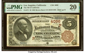 image for: Los Angeles, CA - $5 1882 Brown Back Fr. 471 The National Bank of California at Los Angeles Ch. # (P)4096 PMG Very Fine 20....