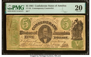 image for: CT33/250B Contemporary Counterfeit $5 1861 PMG Very Fine 20....