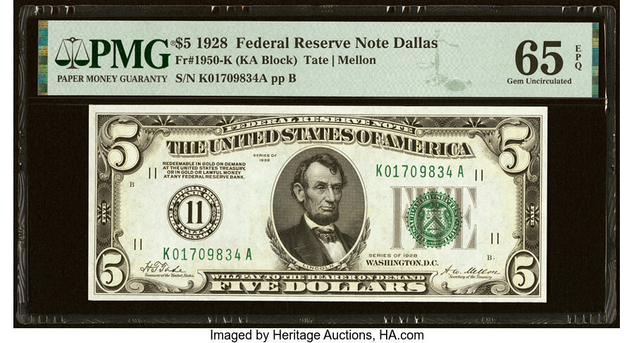 image for: Fr. 1950-K $5 1928 Federal Reserve Note. PMG Gem Uncirculated 65 EPQ....
