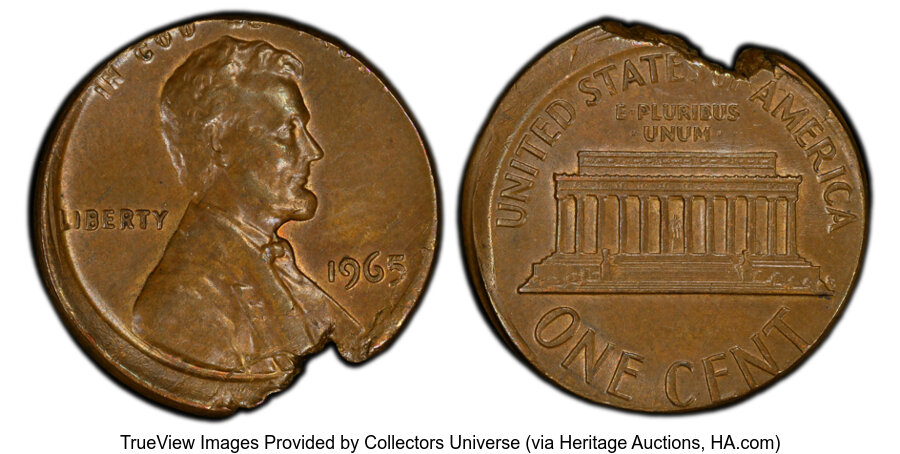image for: 1965 1C Lincoln Cent -- Struck 5% Off-Center, 4% Ragged Clip -- AU58 PCGS. PCGS Population: (14/14 and 0/0+)....