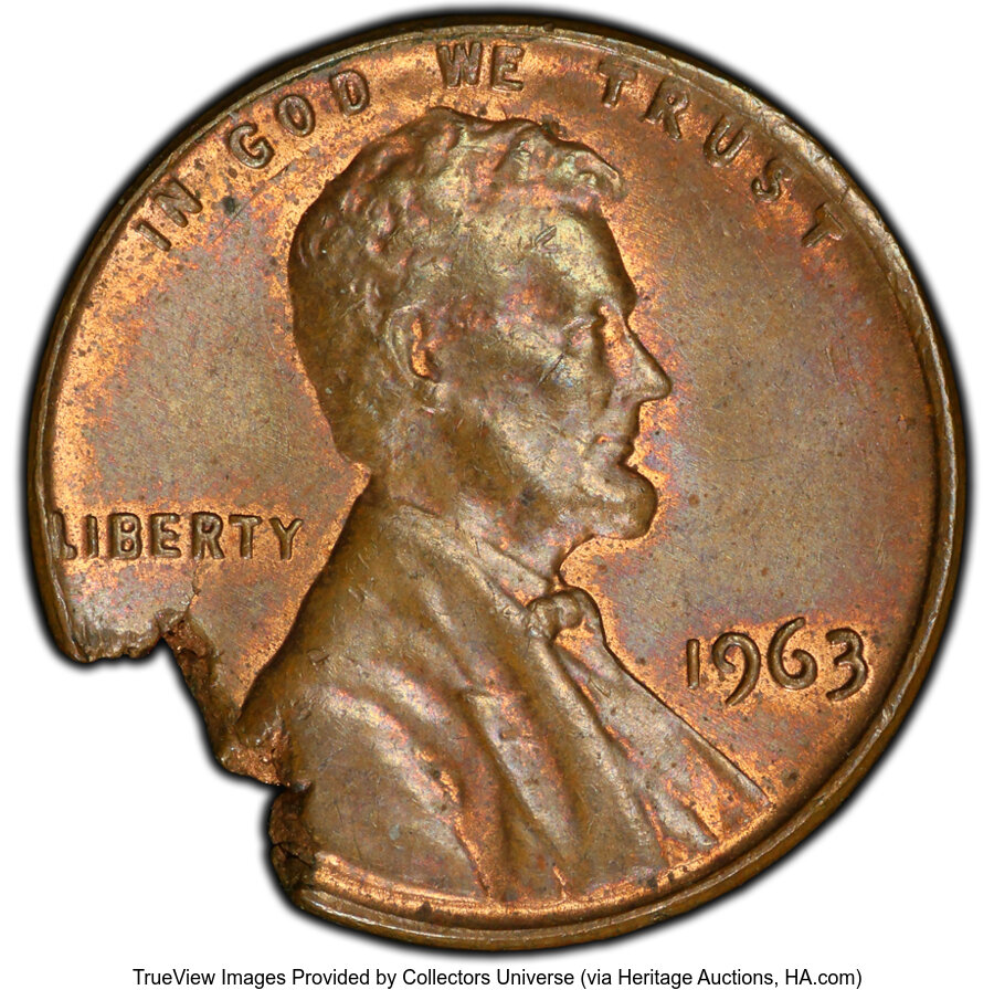 image for: 1963 1C Lincoln Cent -- 5% Ragged Clip -- MS63 Brown PCGS. PCGS Population: (0/15 and 0/0+).  Mintage 757,185,645....