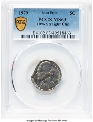 image for: 1979 5C Jefferson Nickel -- 10% Straight Clip -- MS63 PCGS. PCGS Population: (23/368 and 0/1+). Mintage 463,188,000....