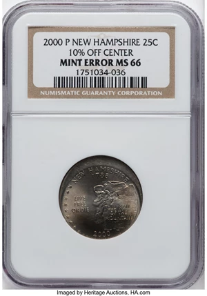 image for: 2000-P 25C New Hampshire Quarter -- 10% Off Center -- MS66 NGC....