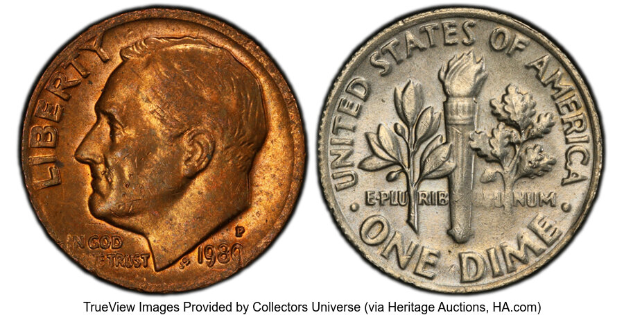 image for: 1980-P 10C Roosevelt Dime -- Obverse Clad Layer Missing -- MS62 PCGS. PCGS Population: (4/382 and 0/2+).  Mintage 735,170,0...