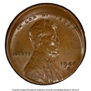 image for: 1944-S 1C Lincoln Cent -- Struck 10% Off-Center -- AU58 PCGS. PCGS Population: (14/26 and 0/0+). Mintage 282,760,000....