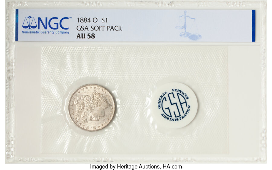 image for: 1884-O $1 GSA Soft Pack AU58 NGC. NGC Census: (0/512).  Mintage 9,730,000....