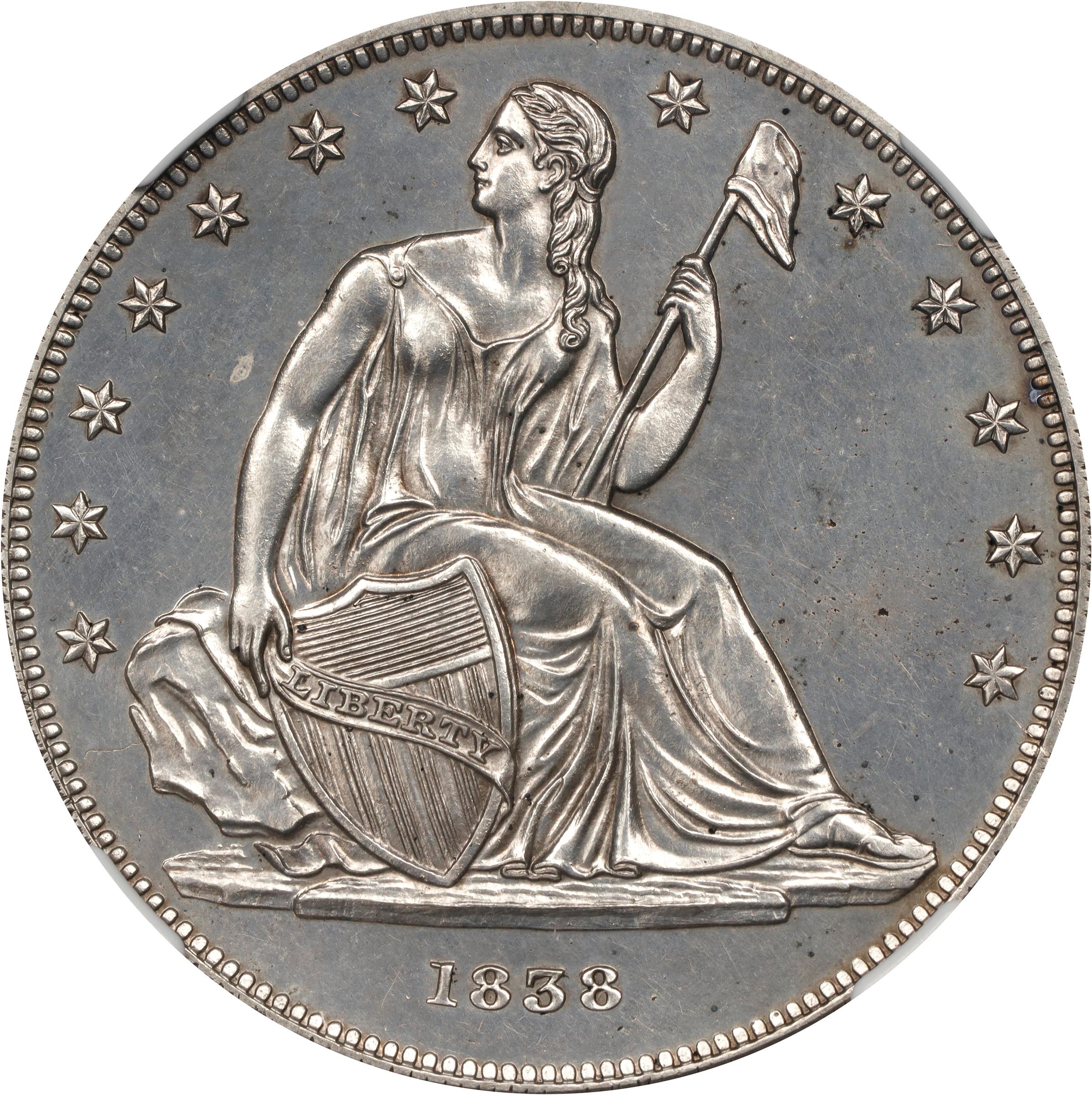 image for: 1838 Gobrecht Silver Dollar. Name Removed. Judd-84, Pollock-93. Rarity-5. Silver. Reeded Edge. Die Alignment III. Proof-64 (NGC).