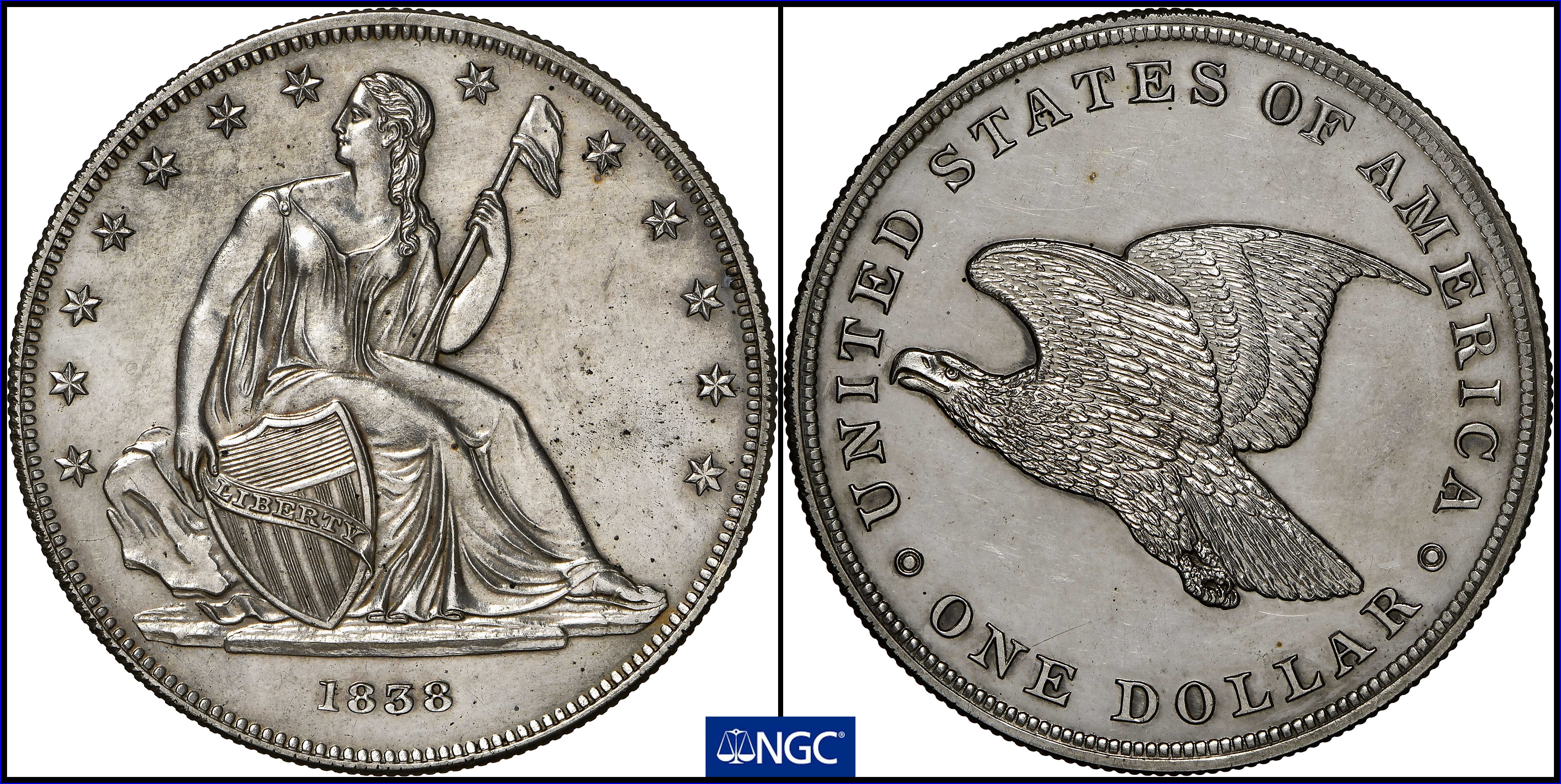 image for: 1838 Gobrecht Silver Dollar. Name Removed. Judd-84, Pollock-93. Rarity-5. Silver. Reeded Edge. Die Alignment III. Proof-64 (NGC).