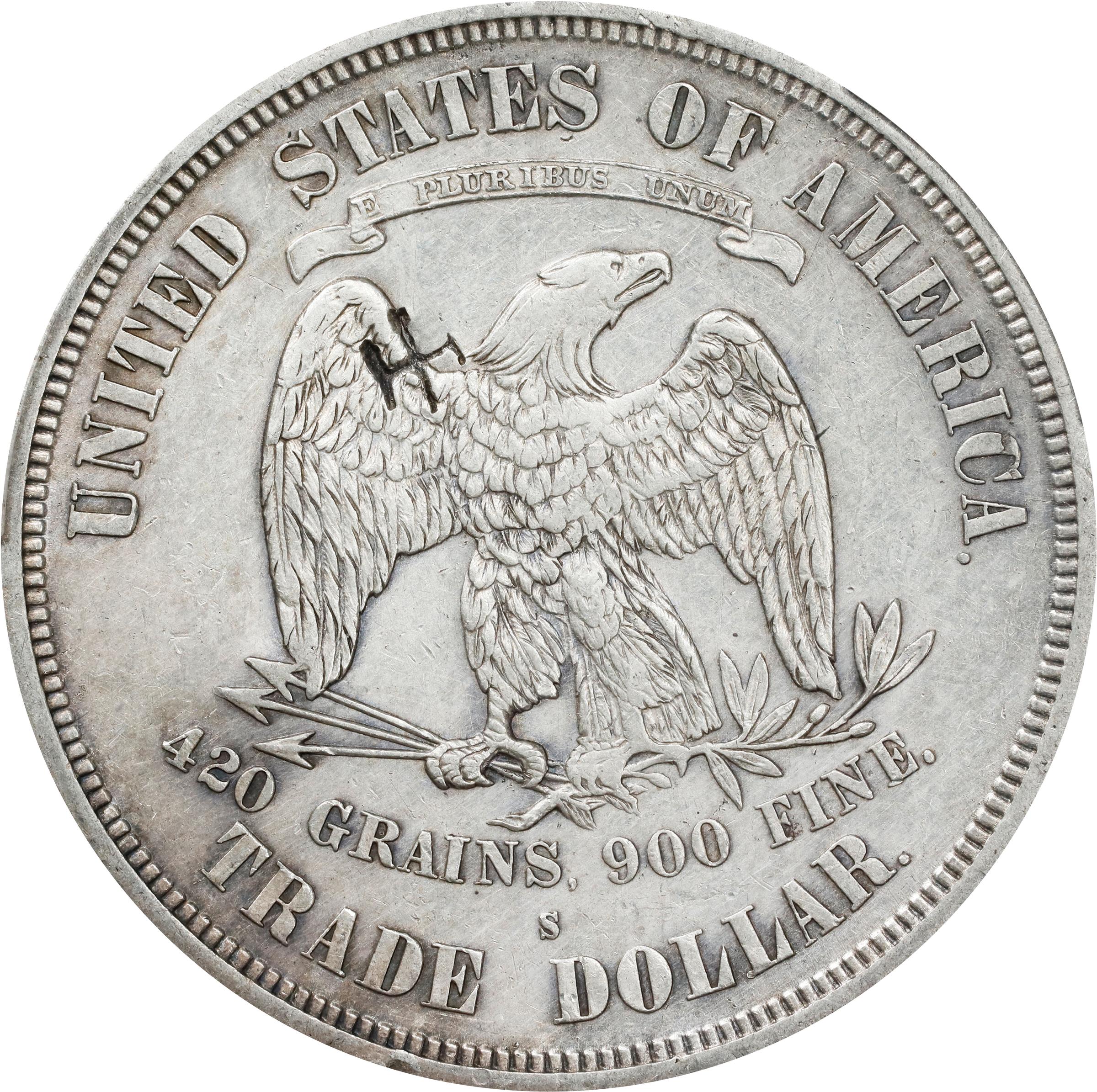 image for: 1873-S Trade Dollar. Chop Mark. AU Details--Cleaned (PCGS).