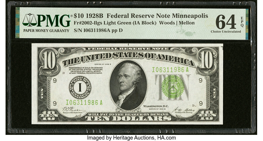 image for: Fr. 2002-I $10 1928B Light Green Seal Federal Reserve Note. PMG Choice Uncirculated 64 EPQ....