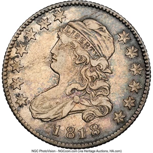 image for: 1818 25C B-5, High R.4, XF40 NGC. Tompkins Die State 1/2. NGC Census: (20/249). Mintage 361,174....