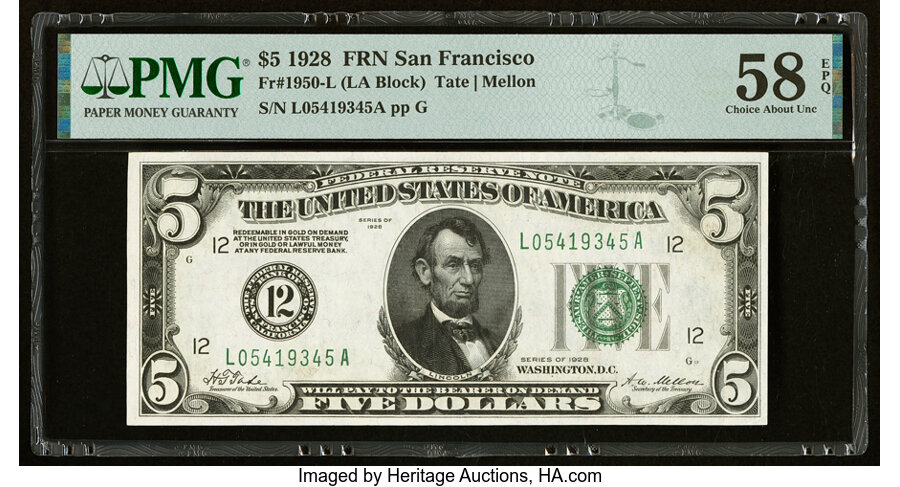 image for: Fr. 1950-L $5 1928 Federal Reserve Note. PMG Choice About Unc 58 EPQ....