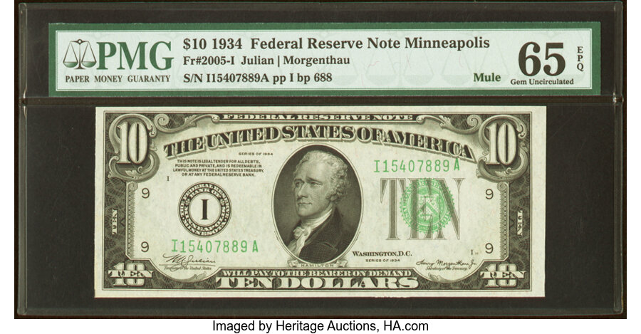 image for: Fr. 2005-I $10 1934 Mule Federal Reserve Note. PMG Gem Uncirculated 65 EPQ....