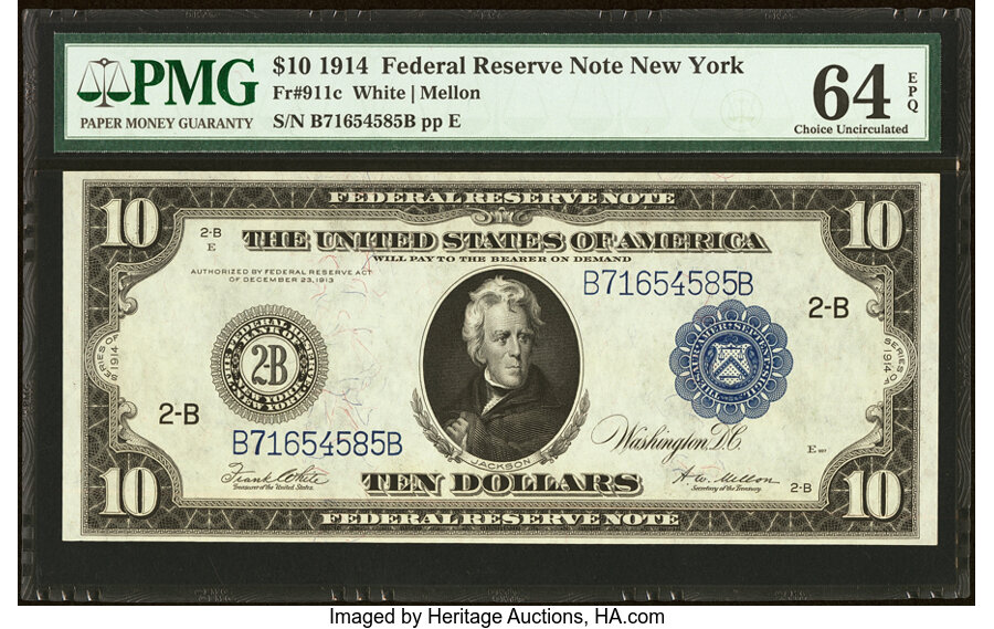 image for: Fr. 911c $10 1914 Federal Reserve Note PMG Choice Uncirculated 64 EPQ....