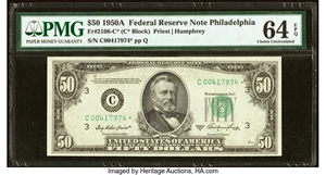 image for: Fr. 2108-C* $50 1950A Federal Reserve Star Note. PMG Choice Uncirculated 64 EPQ....