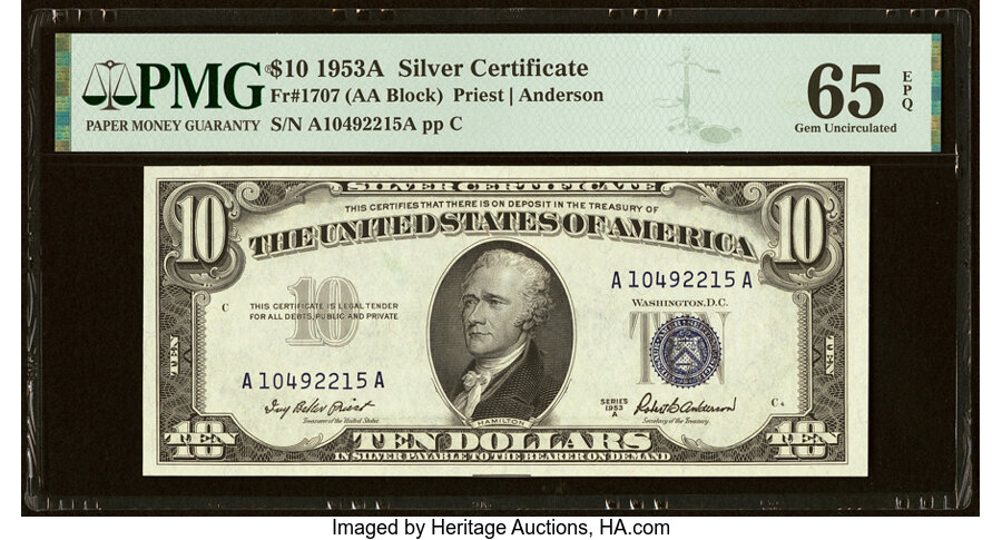 image for: Fr. 1707 $10 1953A Silver Certificate. PMG Gem Uncirculated 65 EPQ....