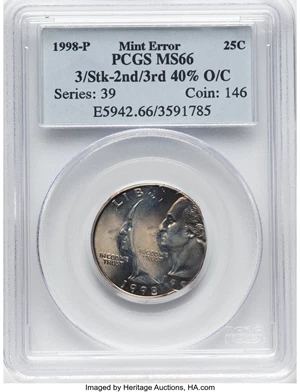 image for: 1998-P 25C Washington Quarter -- 3/Strike-2nd/3rd 40% Off Center -- MS66 PCGS....