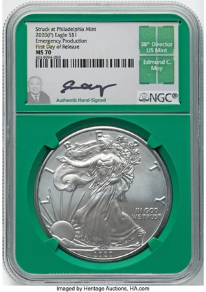 image for: 2020-(P) $1 Silver Eagle, Emergency Production, First Day of Release, Struck at Philadelphia Mint MS70 NGC. Authentic Hand...