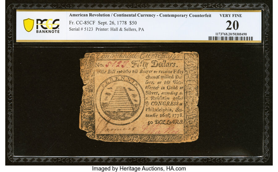 image for: Continental Currency September 26, 1778 $50 Contemporary Counterfeit PCGS Banknote Very Fine 20....