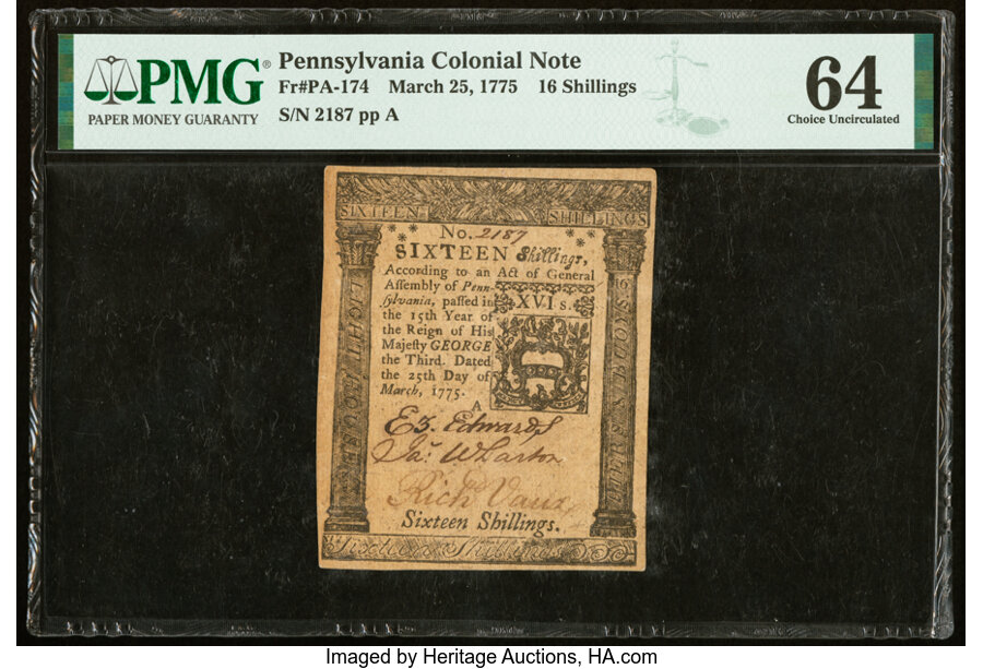 image for: Pennsylvania March 25, 1775 16s PMG Choice Uncirculated 64....