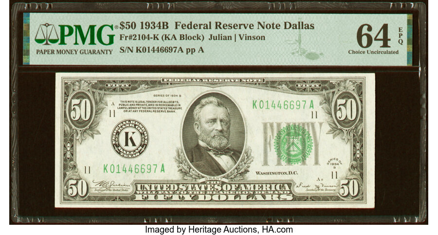 image for: Fr. 2104-K $50 1934B Federal Reserve Note. PMG Choice Uncirculated 64 EPQ....