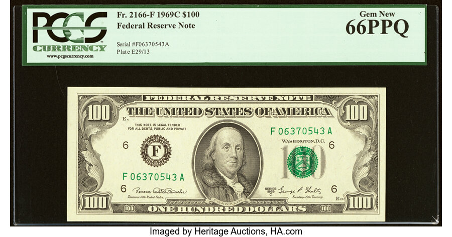 image for: Fr. 2166-F $100 1969C Federal Reserve Note. PCGS Gem New 66PPQ....