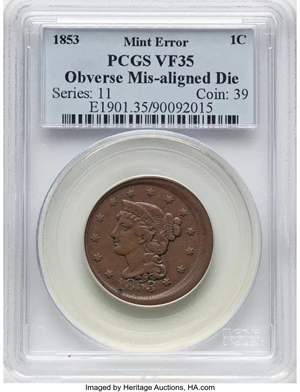 image for: 1853 1C Mature Head Cent, N-19, R.1 -- Obverse Misaligned Die --VF35 PCGS. Mintage 6,641,131....