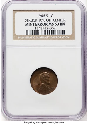 image for: 1946-S 1C Lincoln Cent -- Struck 10% Off Center -- MS63 Brown NGC. NGC Census: (1/5). Mintage 198,100,000....